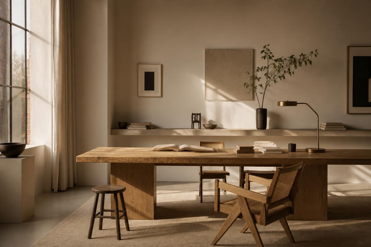 A warm, naturally lit creative studio with a large oak table
